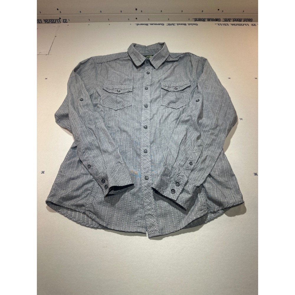 Rerun Women Grey Striped Button Down Shirt Long Sleeve Roll Tab Pockets Medium